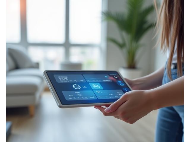 タブレットでスマートホーム機器を操作する手のクローズアップ、未来的な家庭環境