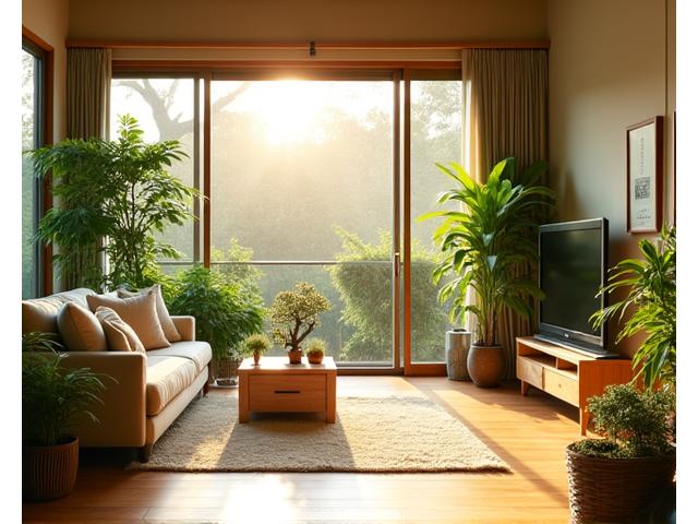 緑豊かな植物に囲まれたエコフレンドリーな部屋、自然素材の家具