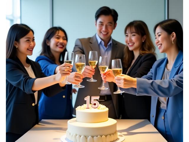 華やかな創業15周年記念ケーキと祝杯をあげる柏葉リビングデザインの社員たち