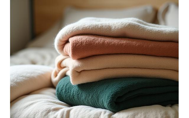 暖かく柔らかそうなブランケットと毛布の山