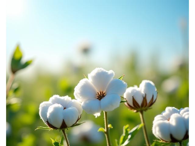 白いオーガニックコットンの花が咲き誇る畑のクローズアップ