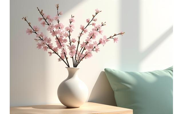 桜の枝を生けた花瓶とパステルカラーのクッション