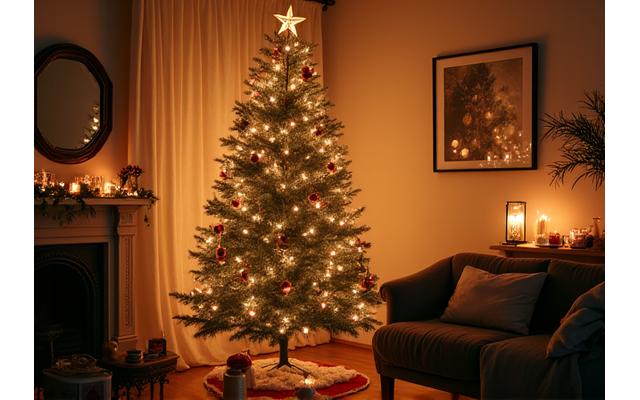 きらめくクリスマスオーナメントと暖炉の側の冬の装飾