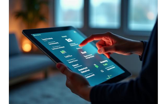 タブレットでスマートホームシステムを操作する手のクローズアップ